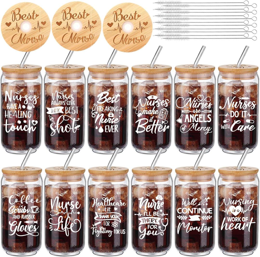 Tioncy 12 Set Nurses Week Appreciation Gifts Bulk for Women 16oz Glass Cups with Bamboo Lids and Straws Brushes Nurse Assistant Rn Gifts Coffee Cup for Work Graduation School Lab Week Supplies