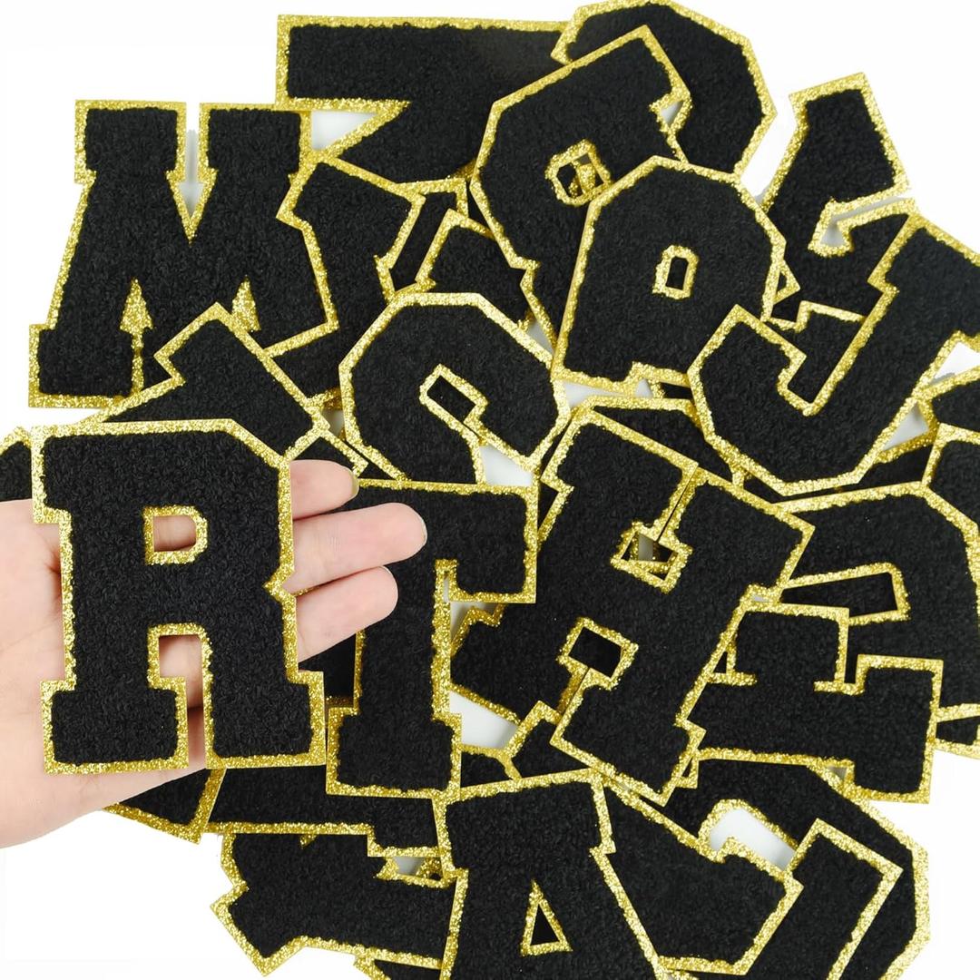Morcheiong 52Pcs 3.14 Inch Large Chenille Letter Patches A-Z Self Adhesive, Chenille Letters for Clothing, Letters Patches for Fabric (Black)