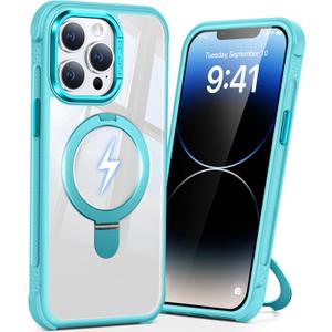 Magnetic Ring Stand Case for iPhone 14 pro max, 16FT Military-Grade Protection Shockproof, Non-Slip, Anti Scratch, Textured Grip & Clear Back for Hands-Free Video Calls (Clear Lake Blue)