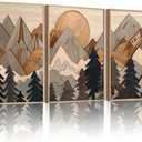 Set of 3 Mountain Wall Art Large Forest Wall Decor Woodcut Wooden Landscape canvas posters Nature Wilderness Art Prints Abstract Landscape Painting for Living Room Bedroom Office Unframed 12x16in