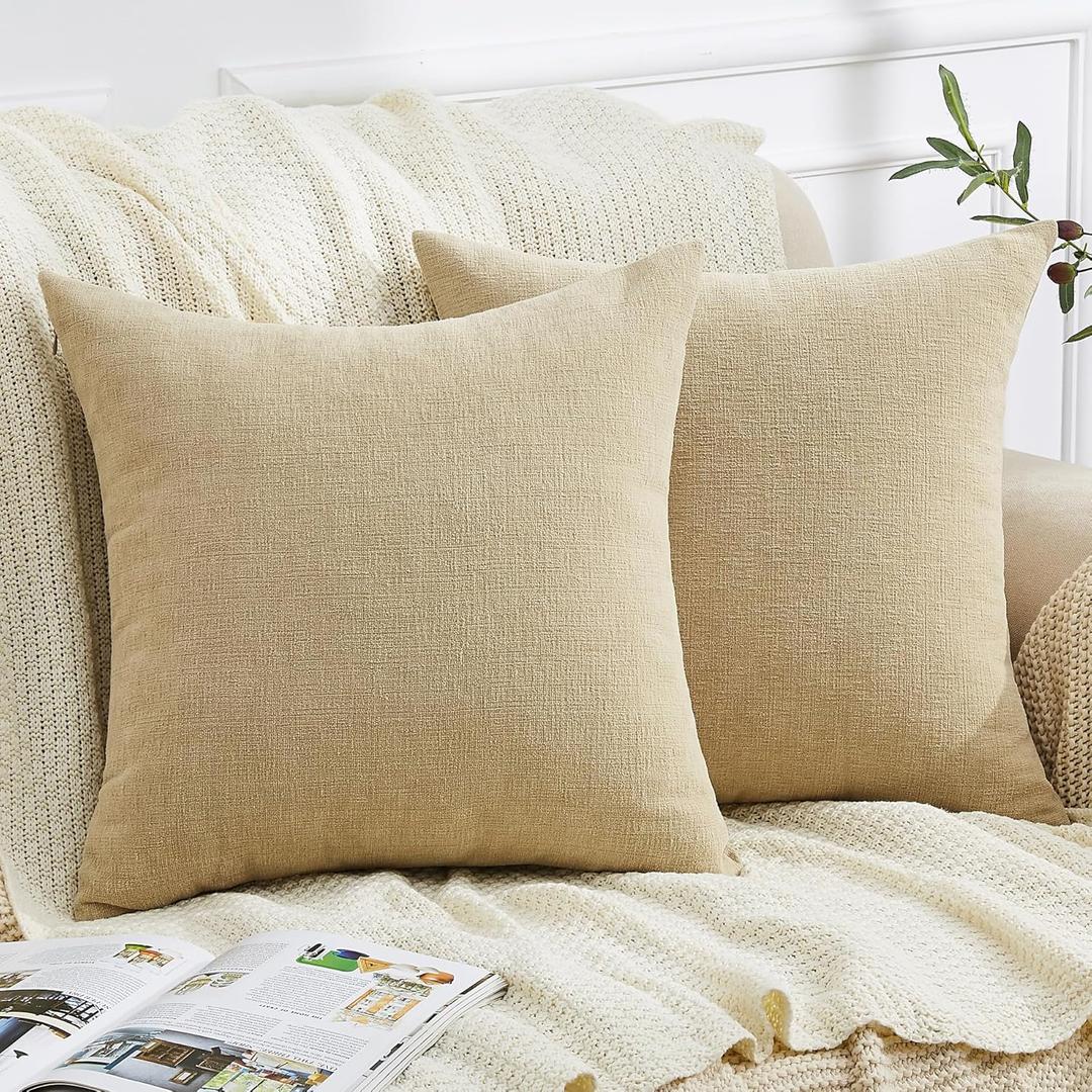 GAWAMAY Decorative Square 16x16 Inch Throw Pillow Covers Set of 2, Super Soft Chenille Pillows Farmhouse Fall Pillowcase for Living Room Bedroom Sofa Couch Cushion Cover Khaki 40x40cm (No Insert)