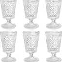 ZAVOOS Set of 6 Clear Glass Goblet, 12 Oz Vintage Romantic Wine Glasses, Embossed Floral Glass Cups Set, Bar Tumbler Drinking Glassware for Iced Tea, Wine, Beer, Juice, Cocktail, Whiskey