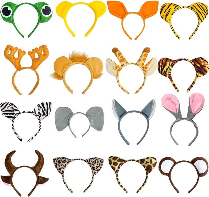 Flying Childhood 12Pcs Jungle Animal Ears Headbands as Safari Party Favors Wild One Birthday Decorations Plush Animal Headpiece for Kids Adults