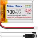 MakerHawk 3.7V Lipo Battery 700mAh Rechargeable Lithium Polymer Battery 603040 Micro Ph1.25 Connector Integrated Protection Circuit with USB Cable for Electronic Device (1 Pcs)