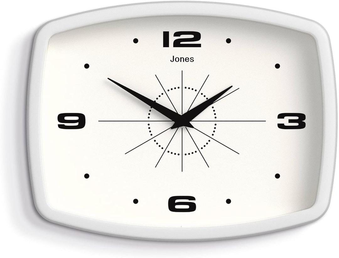 JONES CLOCKS Movie Wall Clock | Retro Rectangular Clock | 10 inch | White | Cool mid-Century Designer Look for Kitchen, Living Room or Office