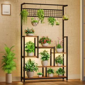 BACEKOLL Tall Plant Stand Indoor with Grow Lights, 6 Tiered Large Plant Shelf, Corner Metal Display Rack, Square Lighted Flower Holder for Living Room, Patio (Black)