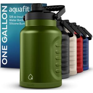 AQUAFIT 1 Gallon Insulated Water Bottle (Cold for 48 Hrs) - BPA Free & Leak Proof - 128oz Stainless Steel Jug - Big Water Bottle with Handle for Gym, Hiking, Camping & Travel (Military Green)