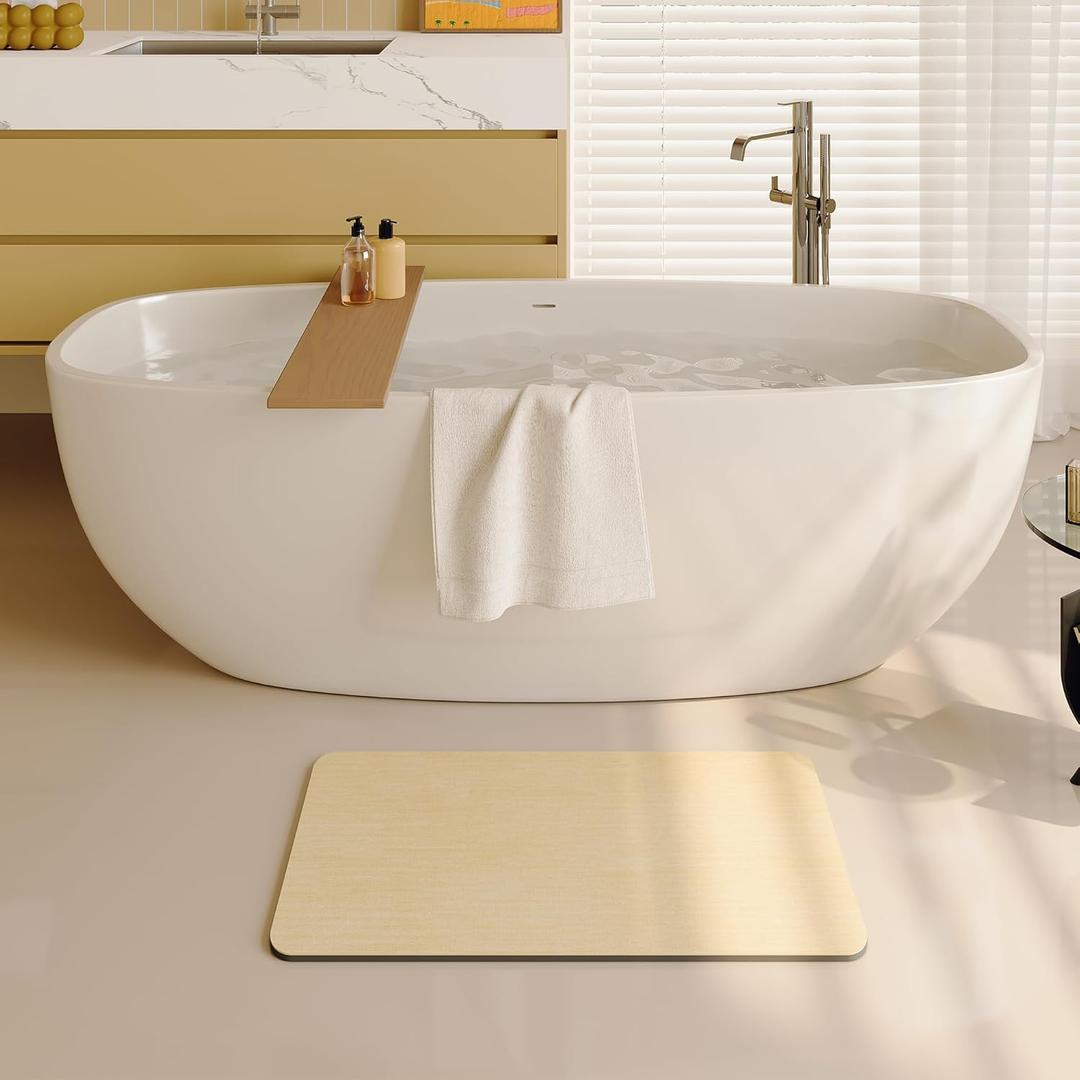 Mecko Bath Mat, Ultra Absorbent Quick Dry Bathroom Floor Mats-Rubber Non-Slip Thin Bathroom Rug Fit Under Door, Faux Suede Surface Shower Rug for Bathtub, Sink, Shower Room(Beige,16"x24")