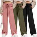 3 Pack Girls' Sweatpants Wide Leg Drawstring Casual Kids Joggers Open Bottom Loose Solid Teen Pants with Pockets (X-Large, Army Green, Coral Pink, Black)
