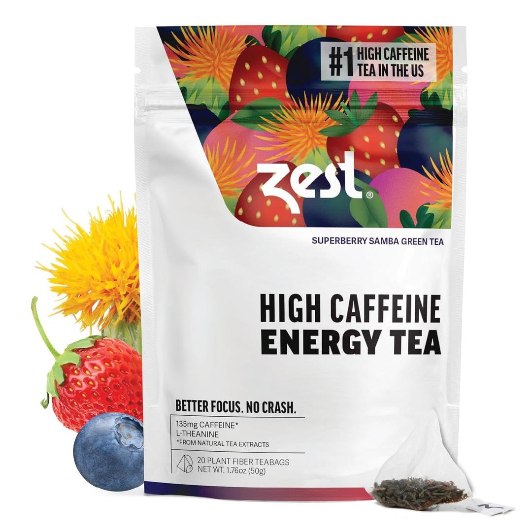 Zest Energy Green Tea - Superberry Samba - High Caffeine Strawberry, Acai, & Passion Fruit Tea - Caffeinated Coffee Altnernative with Antioxidants - Natural, Non-GMO & Keto - 20Ct Pack - 135mg Caf (EXP 11/04/28)