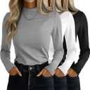 Ficerd 3 Pack Women's Mock Turtleneck Shirts, Long Sleeve Mock Neck Pullover Tops Slim Fitted Stretch Undershirt Tee Blouse (Black)