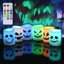 GenSwin Halloween Flameless Votive Candles Color Changing with Remote Timer, Battery Operated LED Tealight Candles for Halloween Home Decoration Gifts (Pack of 6, 1.5 x 2) (Battery Included) (6-Ghost Face)
