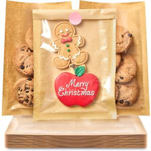 Ocmoiy 100 Pcs Clear Front Paper Cookie Bags with Seal Heat-Sealable & Grease-Resistant, 5.1x7.5 Inches Brown Bakery Bags with Window, Small Treat Bags Cookies Packaging Favor Bags (100)