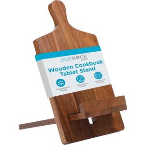 BIRDROCK HOME Wooden Cookbook Tablet Stand for Kitchen Counter | Acacia Wood Recipe Holder | Multi-Purpose Decorative Bookstand | Ipad, Bible | Tabletop Display w/Cord Hole | Easy Assembly - Brown