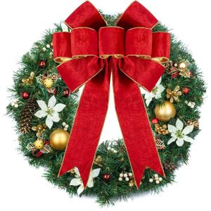 1 Pack Large Christmas Red Bows for Christmas Tree with Gold Border & Back, 16" x 24" Velvet Bows for Tree Topper,Wreaths,Indoor,Outdoor,Fireplace,Stairs,Railing,Porch,Xmas Decoration