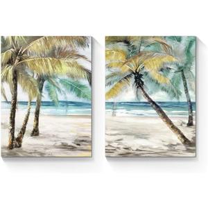 Beach Palm Trees Wall Art: Abstract Coastal Picture Tropical Ocean Scene Artwork Seascape Painting Print on Canvas for Modern Living Room Bathroom Office (24''x18''x2 panels)