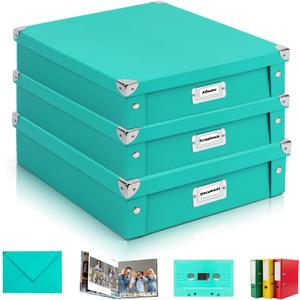 3 Pack 12"x12" Scrapbook Storage Box with Lid Fold Jumbo Photo Storage Box Teal Green Document Organizer Boxes Archival Storage Boxes Photo Storage Ideas For Memory Album Keepsake 14.5"x 12.8" x 3.5"