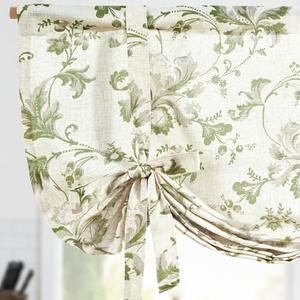 jinchan Tie Up Valance Curtain Floral Linen for Windows Farmhouse 45 Inch Damask Printed Short Window Treatment Adjustable Length for Kitchen Living Room Light Filtering 1 Panel Green on Linen
