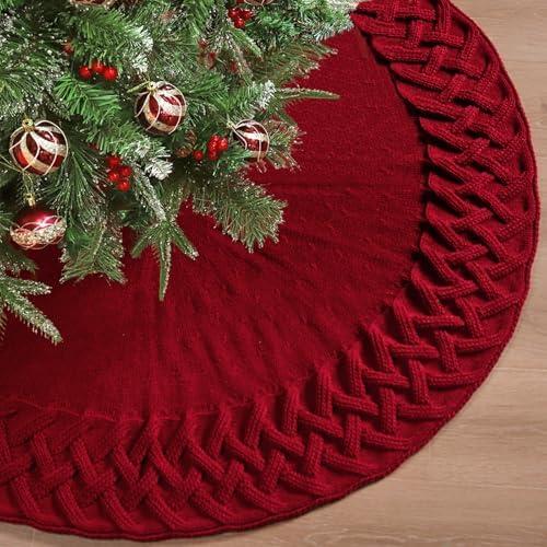 TOCHGREEN Red Knitted Christmas Tree Skirt 48 inches Chunky Cable Knit Thick Rustic Christmas Tree Mat Farmhouse Decor Xmas Tree Base Cover for Home Holiday New Year Party Decor (Red, 48inch)
