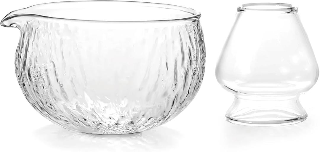 Matcha Bowl and Whisk Holder Set, Glass Matcha Bowl with Spout, Ceremonial Mixing Chawan, Clear Traditional Japanese Matcha Kit for Tea/Matcha Powder/Soup - Hammer Pattern