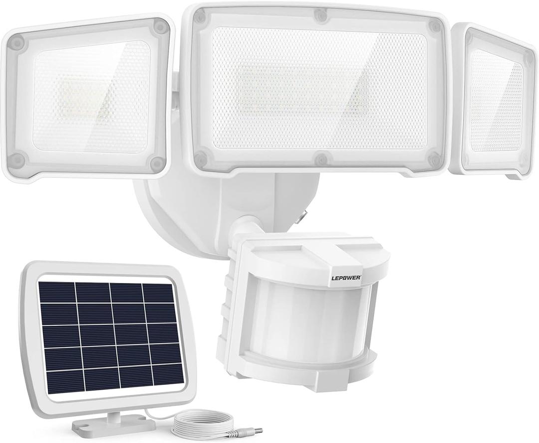 LEPOWER 1600LM LED Solar Security Lights Motion Outdoor, Motion Sensor Light, 5500K White Light, IP65 Waterproof Outdoor Flood Solar Light with 3 Adjustable Head for Yard, GarageWhite
