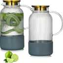 Buaic 2 PACK Glass Pitcher with Lid, 68 oz/ 2 Liter Classic Vertical Stripes Water Pitcher with Silicone Base, Glass Water Carafe for Cold Brew, Coffee, Lemonade, Iced Sun Tea,Beverage,Heat Resistant