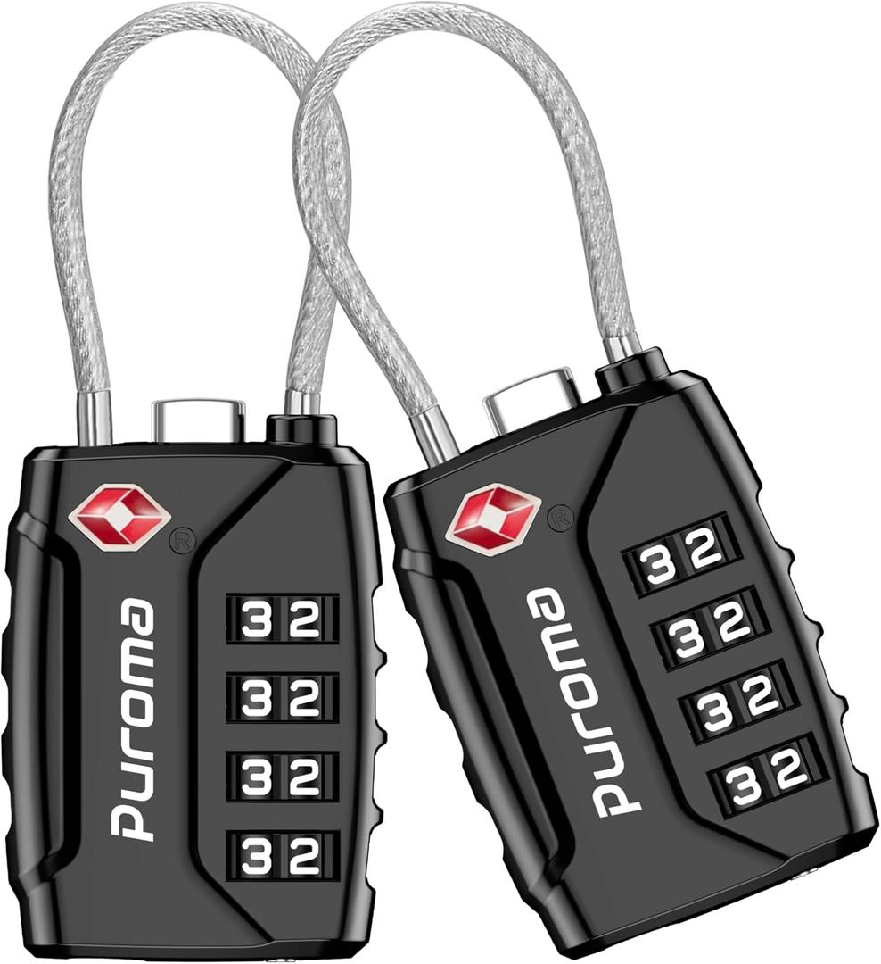 Puroma 2 Pack TSA Approved Luggage Locks, 4 Digit Combination Travel Cable Locks Resettable Code Lock with Zinc Alloy Body for Suitcase, Toolbox, Backpack, Bag, Gym Locker (Black)