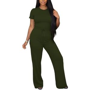 Ulovmi Women's Casual 2 Piece Outfits Short Sleeve Top and Wide Leg Pants with Pocket Loose Fit Lounge Sets Tracksuit XL Army Greeen