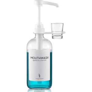 Glass Mouthwash Dispenser with Cup Holder and Pump, 16 Oz Rustic Boho Mouthwash Dispenser for Bathroom Farmhouse Decor - 1 Pack Clear