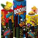 3 Pcs City Theme Hero Party Supplies Hero Cylinder Pedestal Stand Covers Spandex Plinth City Covers Cityscape Buildings Decor for Birthday Party Shower Props Decor