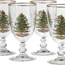Spode Christmas Tree Gold 16oz Pedestal Goblets (Set of 4) - Gold Rimmed Glasses, Festive Holiday Drinkware for Christmas Dinner, Wedding Gifts - Holiday Glassware for Cocktails & Martinis