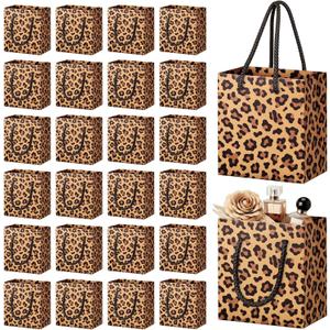 Fullhawl 24 Pcs Extra Small Cheetah Print Gift Bags with Handles Mini Leopard Print Bags Reusable Paper Goodies Bag Gift Wrap for Baby Shower Jungle Safari Animal Birthday Party Favor Decorations
