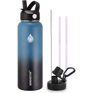 SENDESTAR Water Bottle 32oz Double Wall Vacuum Insulated Leak Proof Stainless Steel Sports Water BottleWide Mouth with New Flex Straw Lid & Spout Lid (Deep Blue&Black)