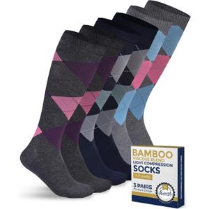 Pembrook Bamboo Viscose Light Compression Socks - 3 Pairs | 8-15 mmHg Light Compression Socks for Women and Men | Knee High Navy, Dark Grey, Light Grey Argyle | Knee High Mens and Womens Larg