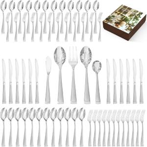 KINGSTONE Silverware Set, 65-Piece Flatware Set for 12, 18/10 Stainless Steel Cutlery Set with Bead Edge, Utensil for Kitchen, Home, Party, Wedding, Mirror Polished, Dishwasher Safe, Featured Gifts