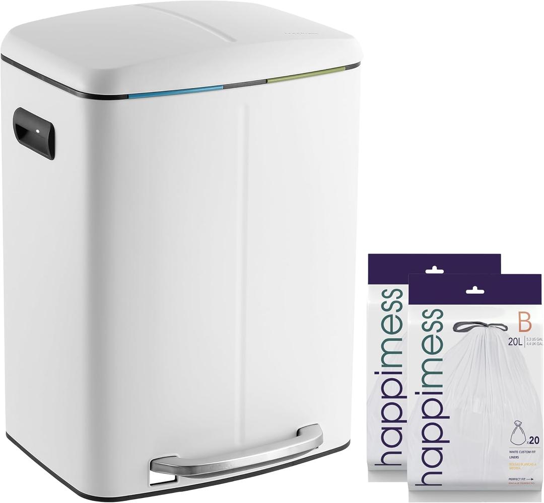 Happiness HPM1005C Marco Rectangular 10.6-Gallon Double Bucket Trash Can with Soft-Close Lid, White, Fingerprint Resistant, Modern, Minimalistic for Home, Kitchen, Office, Bedroom, Bathroom