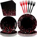 Grencian 96Pcs Black and Red Party Decorations Valentine's Day Red Dot on Black Plates and Napkins Disposable Tableware Set for Birthday Baby Shower Wedding Valentine's Day Party Supplies, Serves 24