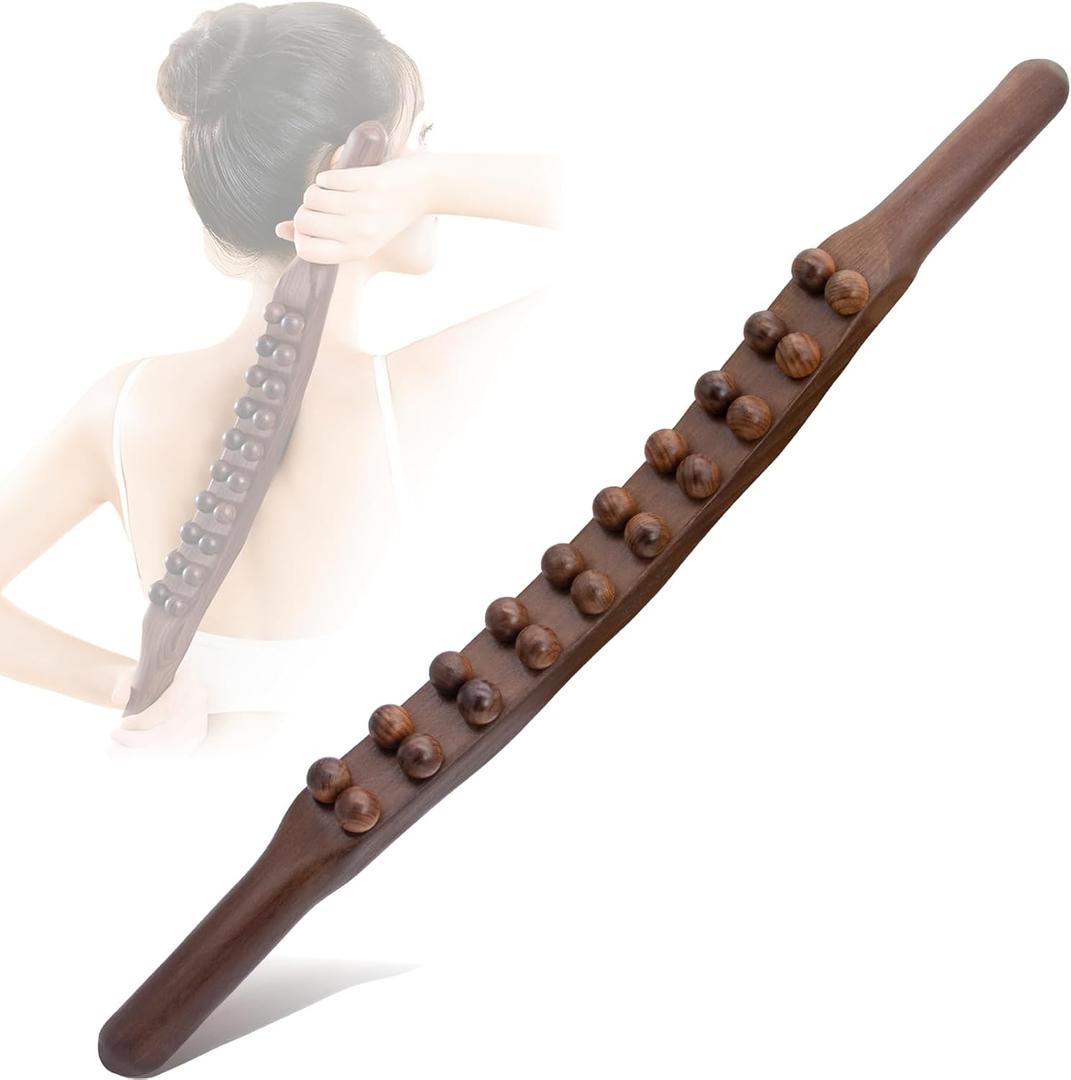 Guasha Wood Stick Tools Wooden Therapy Scraping Lymphatic Drainage Massager, Double Row 20 Beads Point Treatment Gua Sha Tools for Back Leg,1 pcs