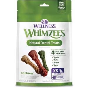 Whimzees Wellness Brushzees Dog Dental Treat, VOHC Accepted Chews, Freshens Breath, Extra-Small Size, 12.7 oz Bag, 48 Count (EXP 02/05/28)