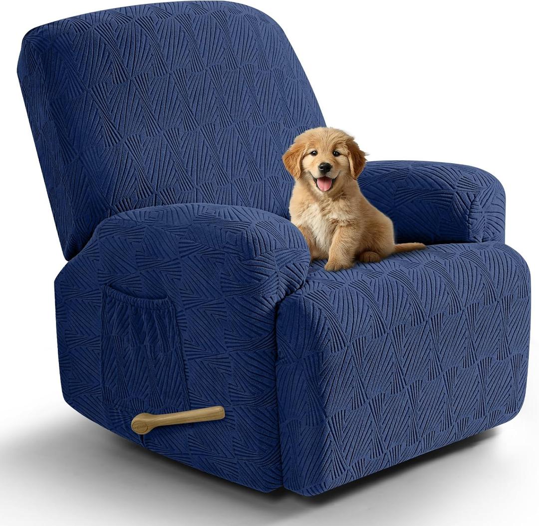 VANSOFY Recliner Chair Covers, 4-Pieces Stretch Recliner Cover Jacquard Soft Reclining Chair Slipcover Furniture Protector with Elastic Bottom for Lazy Boy Recliner(Dark Blue) (1 Seat)