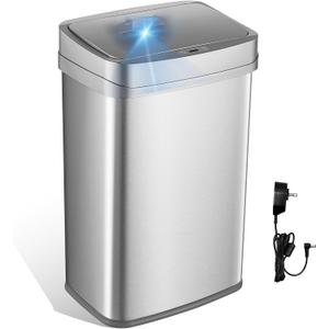 Ninestars 13 Gallon Odor Neutralizing Smart Trash Can, UV + Ozone Dual Purification, Odor Control Motion Sensor Garbage Bin, Universal Power Adapter, ONT-50-81SL Stainless Steel, Silver, Nova Series