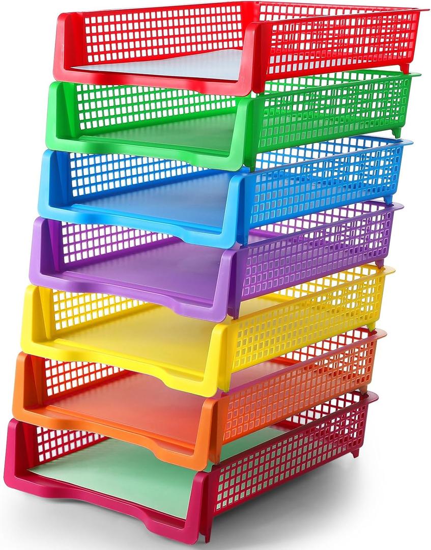 Ripeng 7 Pack Stackable Plastic Paper Bins in Bright Colors Desk Letter Organizer Tray Teacher Office Files Document Storage Playroom Organization Basket for Kids and Classroom