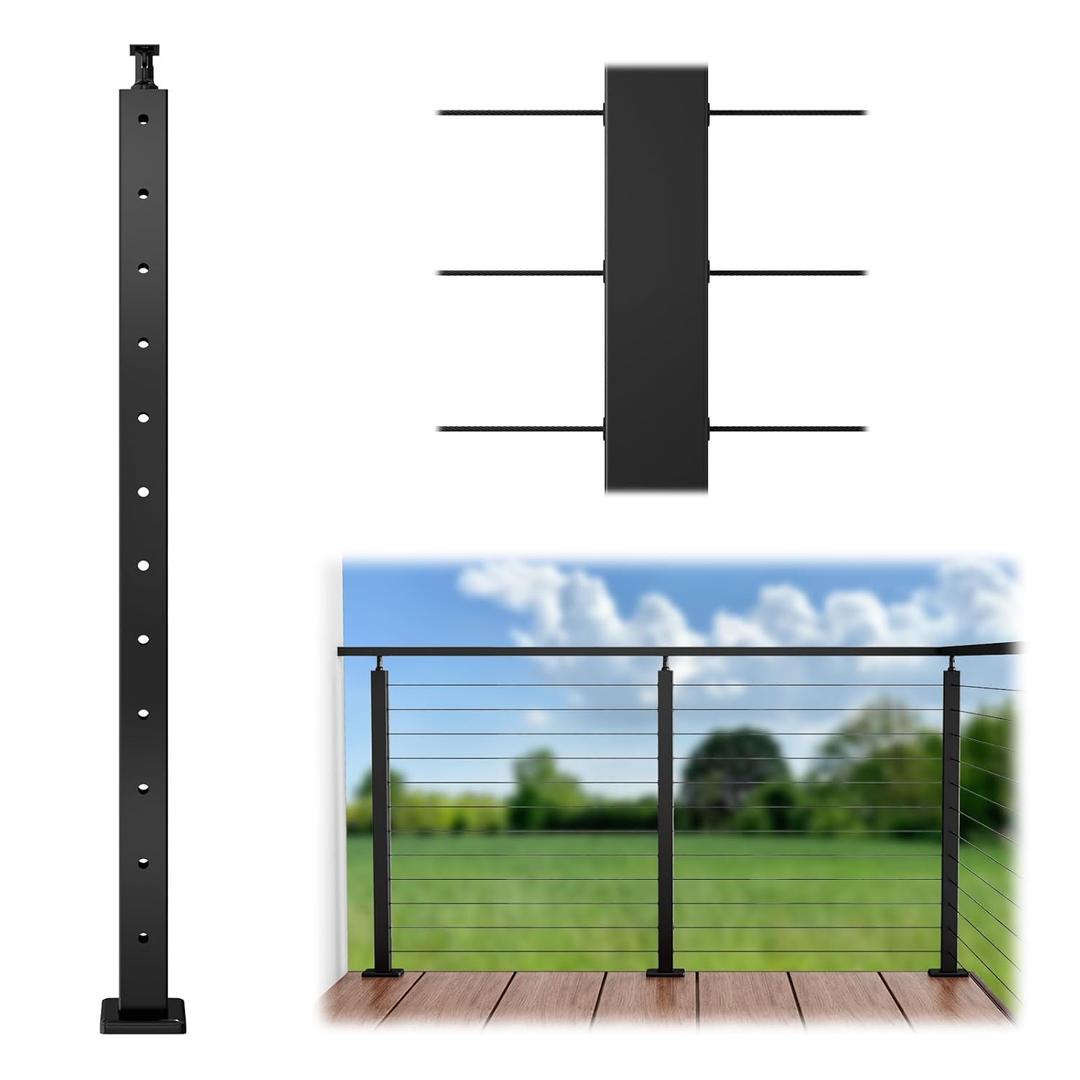 Muzata Black Cable Railing Post 42 Inch 42"x2"x2" Level Drilled Surface Mount T304 Stainless Steel Cable Railing System Kit Indoor Outdoor with Paper User Guide PS01 BH4L, Level post