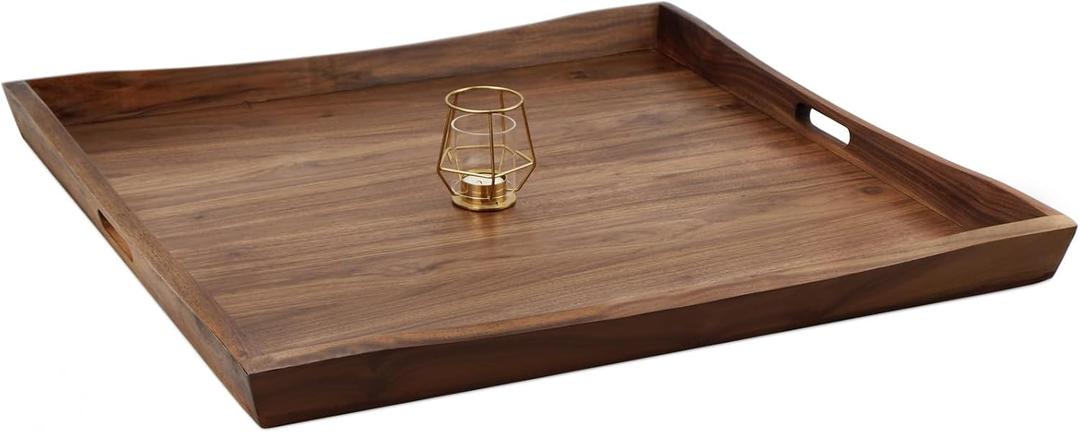 30 x 30 Inches Large Square Curved Black Walnut Wood Ottoman Tray with Handles, Serve Tea, Coffee Classic Wooden Decorative Serving Tray