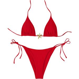 SHENHE Women's Triangle String Bikini Set 2 Piece Halter Swimsuits Starfish Metal Linked Swim Set (Red) M