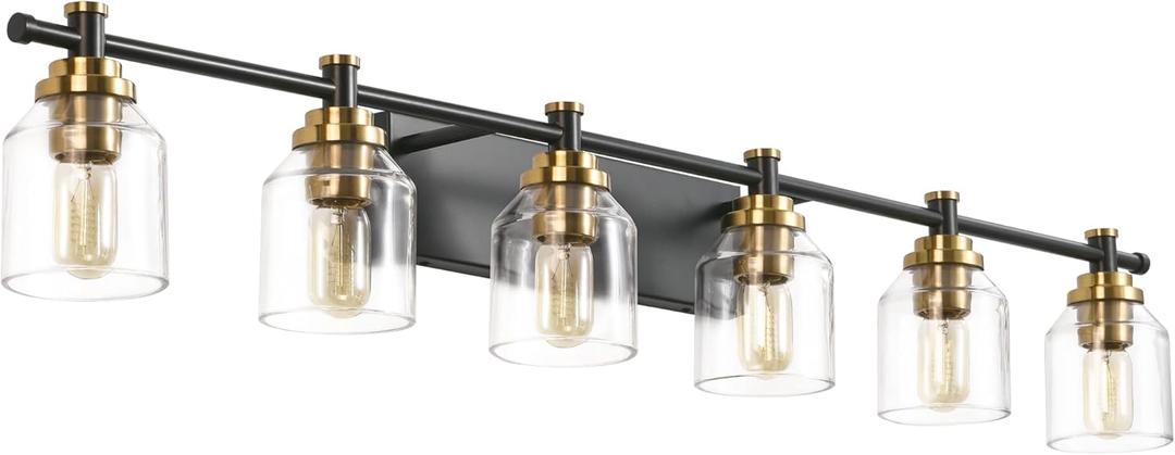 SOLFART 6-Lights Black Brass Bathroom Vanity Light Fixture Vintage Bathroom Fixture Over Mirror Thick Clear Glass