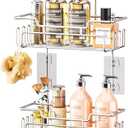 SWTYMIKI Bathroom Shower Caddy Hanging - 3 Tier Rustproof Over Shower Head Organizer, No Drilling Bathroom Shelf with 16 Hooks & Soap Holder, Anti-Swing Rack, Sand Nickel