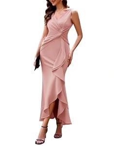 BeryLove Wedding Guest Dresses for Women Long Formal Party Evening Wrap Ruched Midi Dress Cocktail Bridesmaid Date Night Gowns 7099 Blush, Size XS