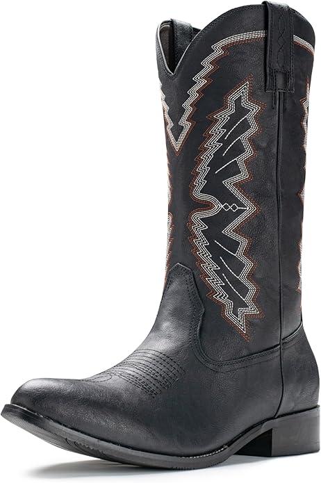 IUV Cowboy Boots For Men Western Boot Embroidered Square Toe Traditional Hunting Working Boots, Black, size 10