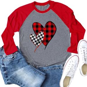 MHTOR Valentines Shirts Women Buffalo Plaid Love Heart Graphic Tees Letter Print Long Sleeve Tops Shirts Valentines Gift (Gray, XL)